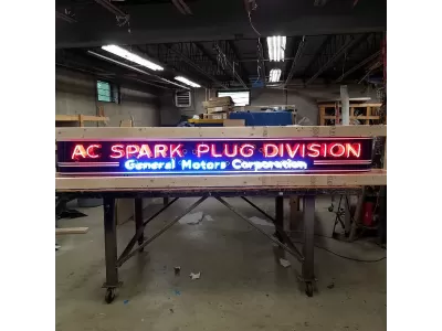 New AC Spark Plug / GM Porcelain Neon Sign w/Bullnose Ends 9 Feet Wide x 12" High