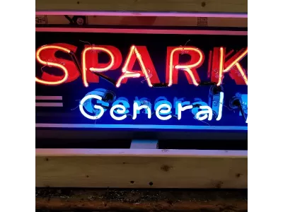 New AC Spark Plug / GM Porcelain Neon Sign w/Bullnose Ends 9 Feet Wide x 12" High