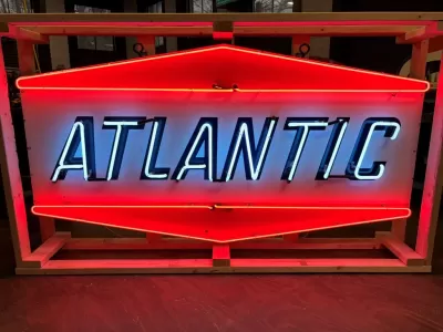 Original Atlantic Gasoline Porcelain Sign with Neon 78 IN W x 40 IN H 