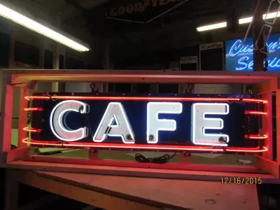New CAFE Porcelain Sign with Wrap-Around Bullnose Neon 77 IN W x 18 1/2 IN H