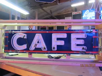 New CAFE Porcelain Sign with Wrap-Around Bullnose Neon 77 IN W x 18 1/2 IN H