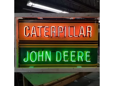 New John Deere / Caterpillar Double-Sided Porcelain Sign with Bullnose & Neon 72"W x 48"H