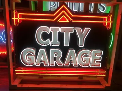 New City Garage Porcelain Sign with Neon 60 IN W x 44 IN H