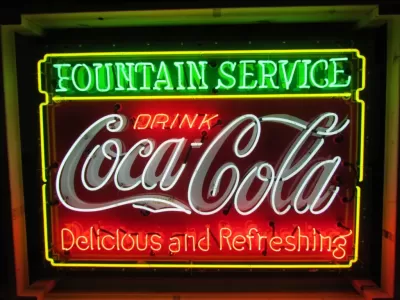 New Coca-Cola Fountain Service Porcelain Sign with Neon 60 IN W x 46 IN H