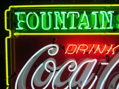 New Coca-Cola Fountain Service Porcelain Sign with Neon 60 IN W x 46 IN H