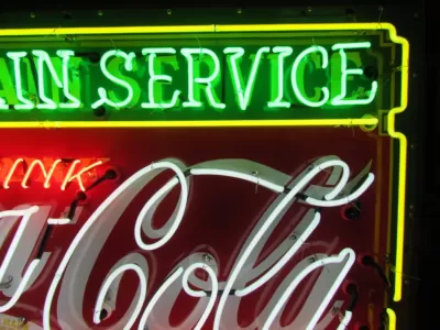 New Coca-Cola Fountain Service Porcelain Sign with Neon 60 IN W x 46 IN H