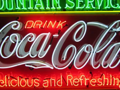 New Coca-Cola Fountain Service Porcelain Sign with Neon 60 IN W x 46 IN H