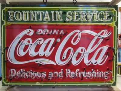 New Coca-Cola Fountain Service Porcelain Sign with Neon 60 IN W x 46 IN H