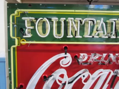 New Coca-Cola Fountain Service Porcelain Sign with Neon 60 IN W x 46 IN H