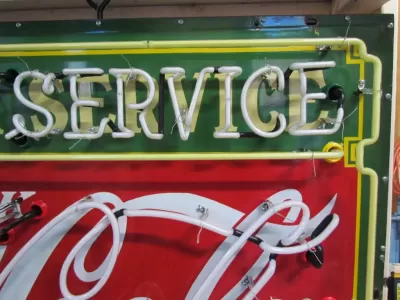 New Coca-Cola Fountain Service Porcelain Sign with Neon 60 IN W x 46 IN H