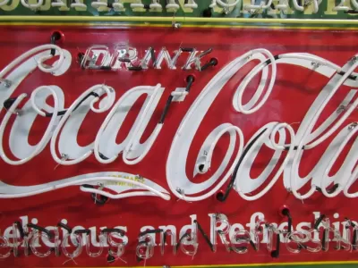 New Coca-Cola Fountain Service Porcelain Sign with Neon 60 IN W x 46 IN H