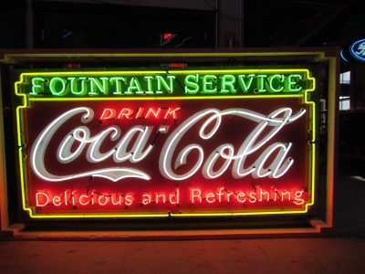 New Coca-Cola Fountain Service Porcelain Sign with Neon 8 FT W x 4 FT H