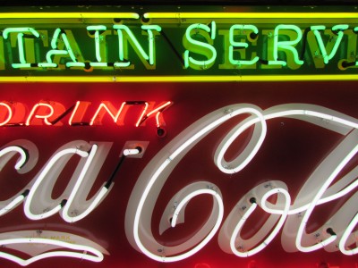 New Coca-Cola Fountain Service Porcelain Sign with Neon 8 FT W x 4 FT H