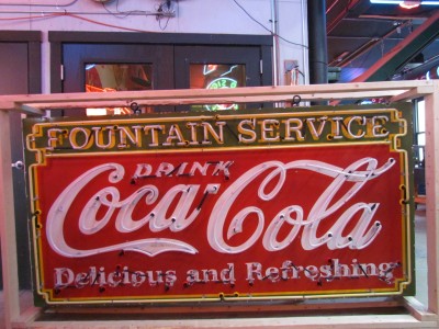 New Coca-Cola Fountain Service Porcelain Sign with Neon 8 FT W x 4 FT H