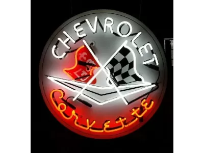 New Chevrolet Corvette Porcelain Sign with Neon 48 IN Diameter