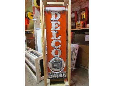 Original Delco Batteries Enamel Tin Neon Sign 18"W x 70"H