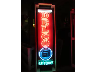 Original Delco Batteries Enamel Tin Neon Sign 18"W x 70"H