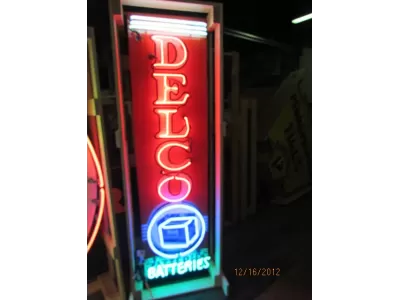 Original Delco Batteries Enamel Tin Neon Sign 18"W x 70"H
