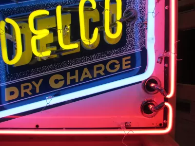 New Delco Batteries "Dry Charge" Porcelain Sign with Neon - 28"W x 20"H 