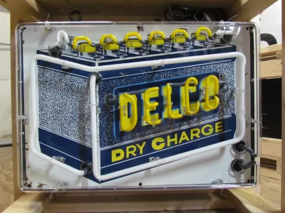 New Delco Batteries "Dry Charge" Porcelain Sign with Neon - 28"W x 20"H 