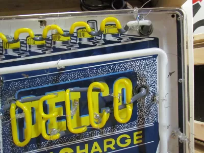 New Delco Batteries "Dry Charge" Porcelain Sign with Neon - 28"W x 20"H 