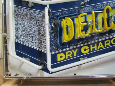 New Delco Batteries "Dry Charge" Porcelain Sign with Neon - 28"W x 20"H 