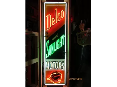 New Delco & Sunlight Motors Porcelain Neon Sign - 18"W x 72"H
