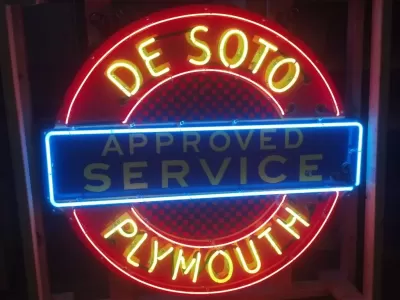 New DeSoto Plymouth Approved Service Porcelain Neon Sign 60 IN DIA
