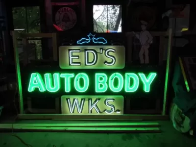 New "Ed's Auto Body Wks" Animated Painted Neon Sign 10 FT W x 71"H 