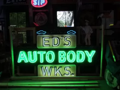 New "Ed's Auto Body Wks" Animated Painted Neon Sign 10 FT W x 71"H 