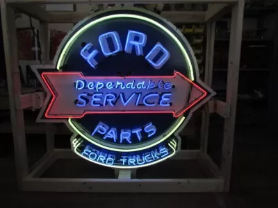 New Double-sided Porcelain Neon Ford Trucks Parts Dependable Service Sign 52 IN W x 46 IN H 