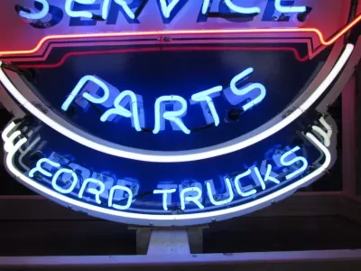 New Double-sided Porcelain Neon Ford Trucks Parts Dependable Service Sign 52 IN W x 46 IN H 