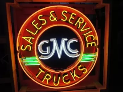 New GMC Sales & Service Trucks Porcelain Neon Sign 72" Diameter