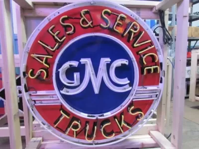 New GMC Sales & Service Trucks Porcelain Neon Sign 72" Diameter