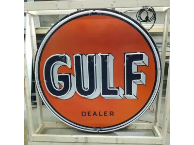 Original Gulf Dealer Porcelain Sign with Animated Neon 60" Diameter