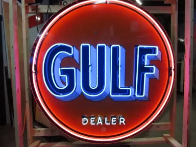 Original Gulf Dealer Porcelain Sign with Animated Neon 60" Diameter