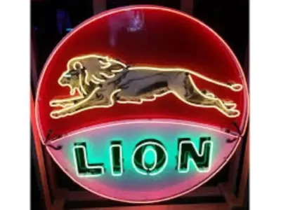 Original Lion Gas Porcelain Sign with Neon 60" Diameter
