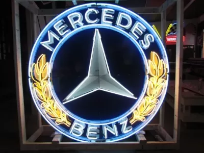 New Mercedes Benz Double-Sided Porcelain Neon Sign 72 IN Diameter with New Aged Steel Can 
