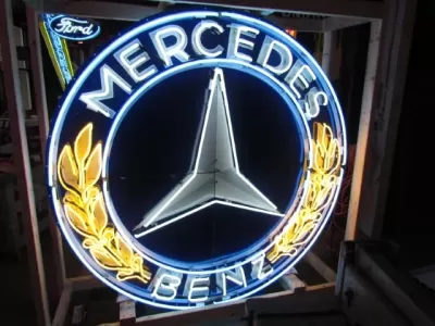 New Mercedes Benz Double-Sided Porcelain Neon Sign 72 IN Diameter with New Aged Steel Can 