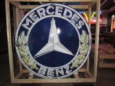 New Mercedes Benz Double-Sided Porcelain Neon Sign 72 IN Diameter with New Aged Steel Can 