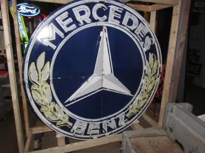 New Mercedes Benz Double-Sided Porcelain Neon Sign 72 IN Diameter with New Aged Steel Can 