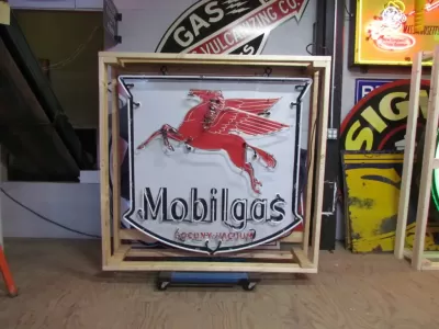 Original Porcelain Mobilgas Shield Sign w/Neon  52 IN W x 54 IN H 