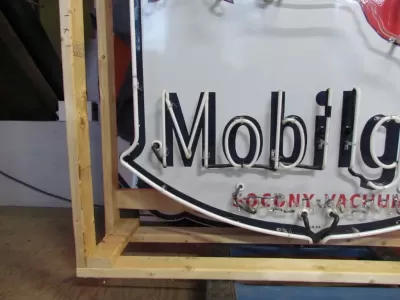 Original Porcelain Mobilgas Shield Sign w/Neon  52 IN W x 54 IN H 