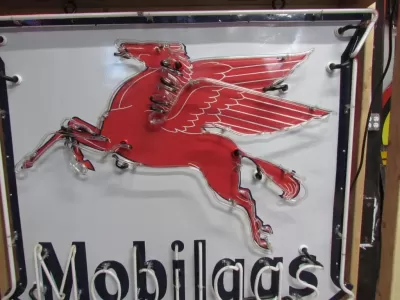 Original Porcelain Mobilgas Shield Sign w/Neon  52 IN W x 54 IN H 