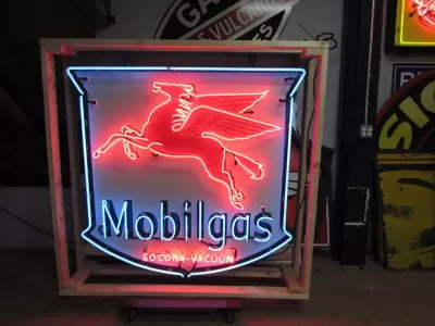 Original Porcelain Mobilgas Shield Sign w/Neon  52 IN W x 54 IN H 