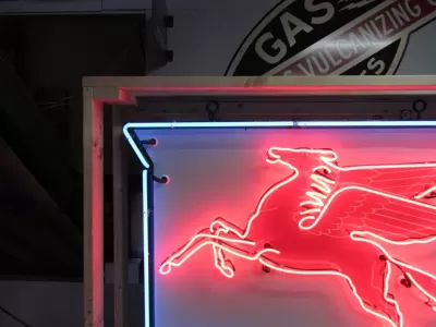 Original Porcelain Mobilgas Shield Sign w/Neon  52 IN W x 54 IN H 