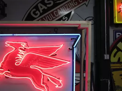 Original Porcelain Mobilgas Shield Sign w/Neon  52 IN W x 54 IN H 