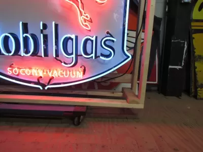 Original Porcelain Mobilgas Shield Sign w/Neon  52 IN W x 54 IN H 