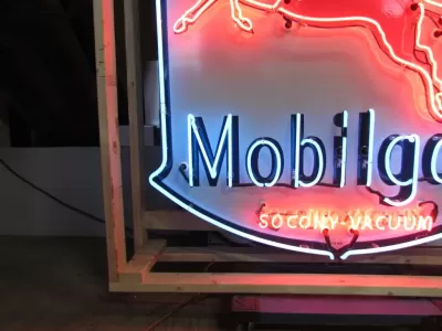 Original Porcelain Mobilgas Shield Sign w/Neon  52 IN W x 54 IN H 