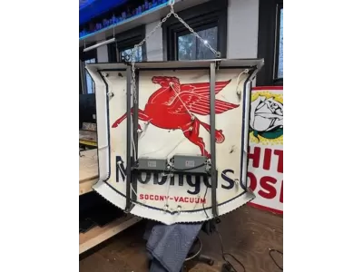 Original Porcelain Mobilgas Shield Sign w/Neon  52 IN W x 54 IN H 